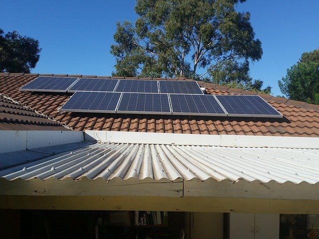 Solar panel installation on a roof.