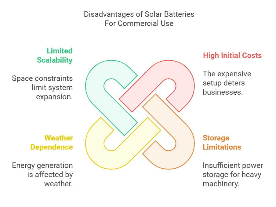 Infographic showing the limitations of solar batteries for commercial use