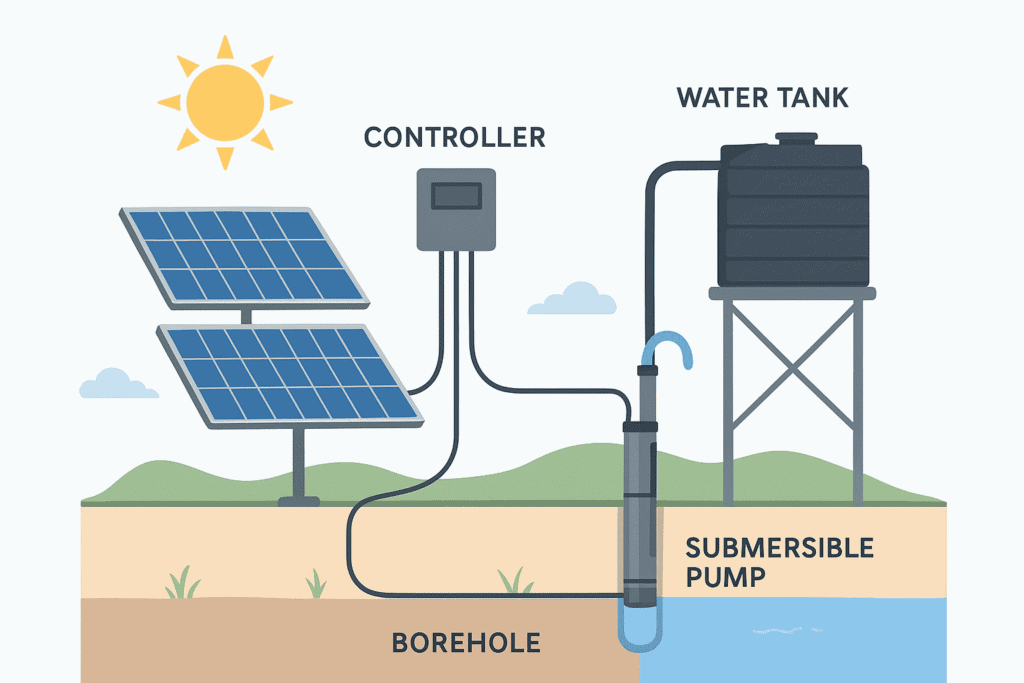 Infographic showing submersible solar pump system